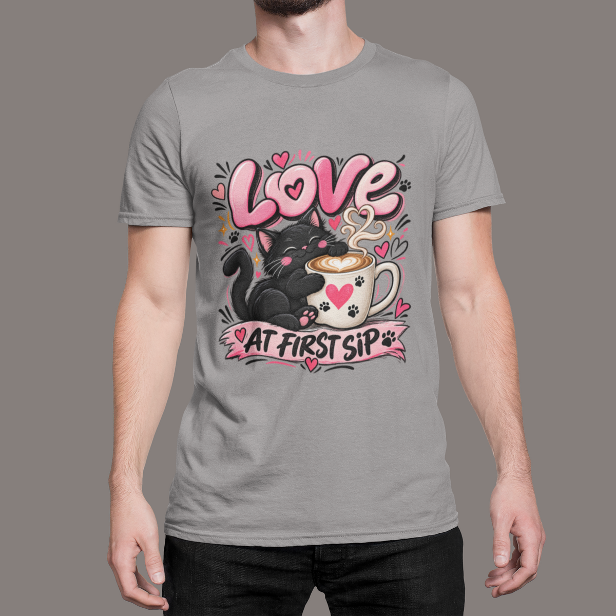 Love at First Sip Cat T-Shirt | Cute Coffee Lover Kawaii Graphic Tee