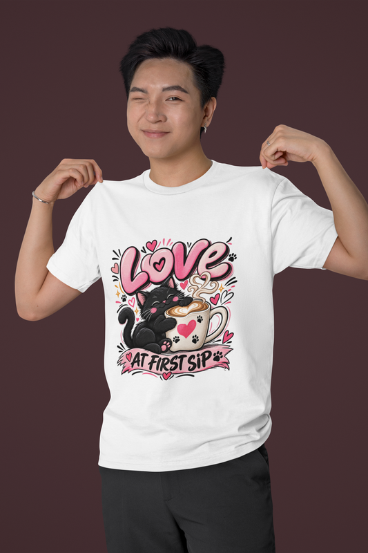 Love at First Sip Cat T-Shirt | Cute Coffee Lover Kawaii Graphic Tee