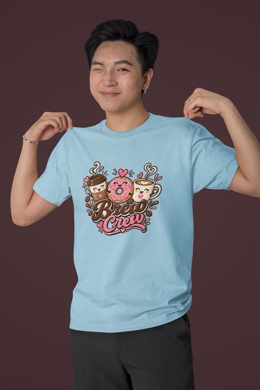 Brew Crew Coffee Donut T-Shirt, Cute Coffee Lover Tee, Breakfast Graphic Shirt, Cafe Aesthetic Gift, Unisex Heavy Cotton Gildan 5000 Tee