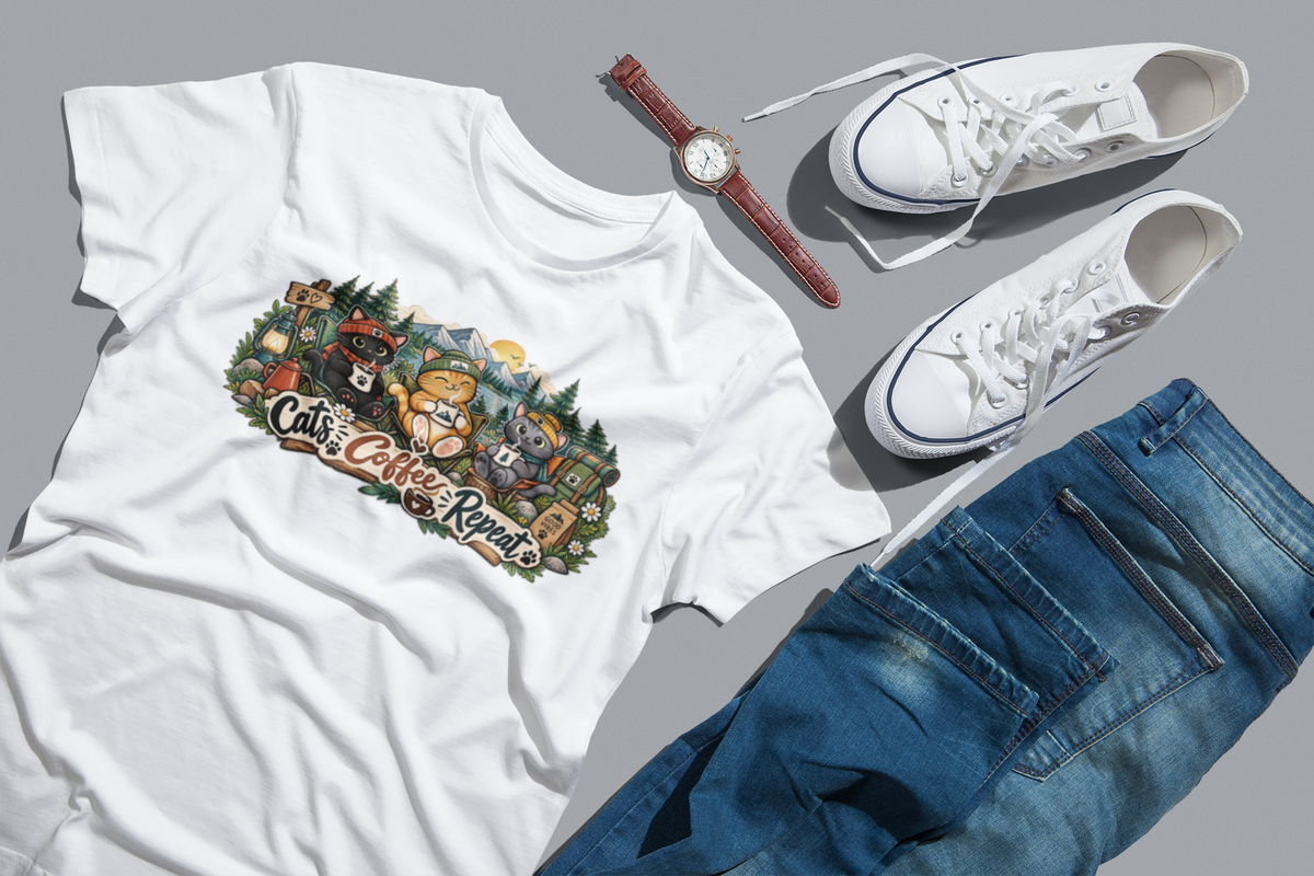 Cats Coffee Repeat T-Shirt | Cute Cat Coffee Graphic Unisex Tee