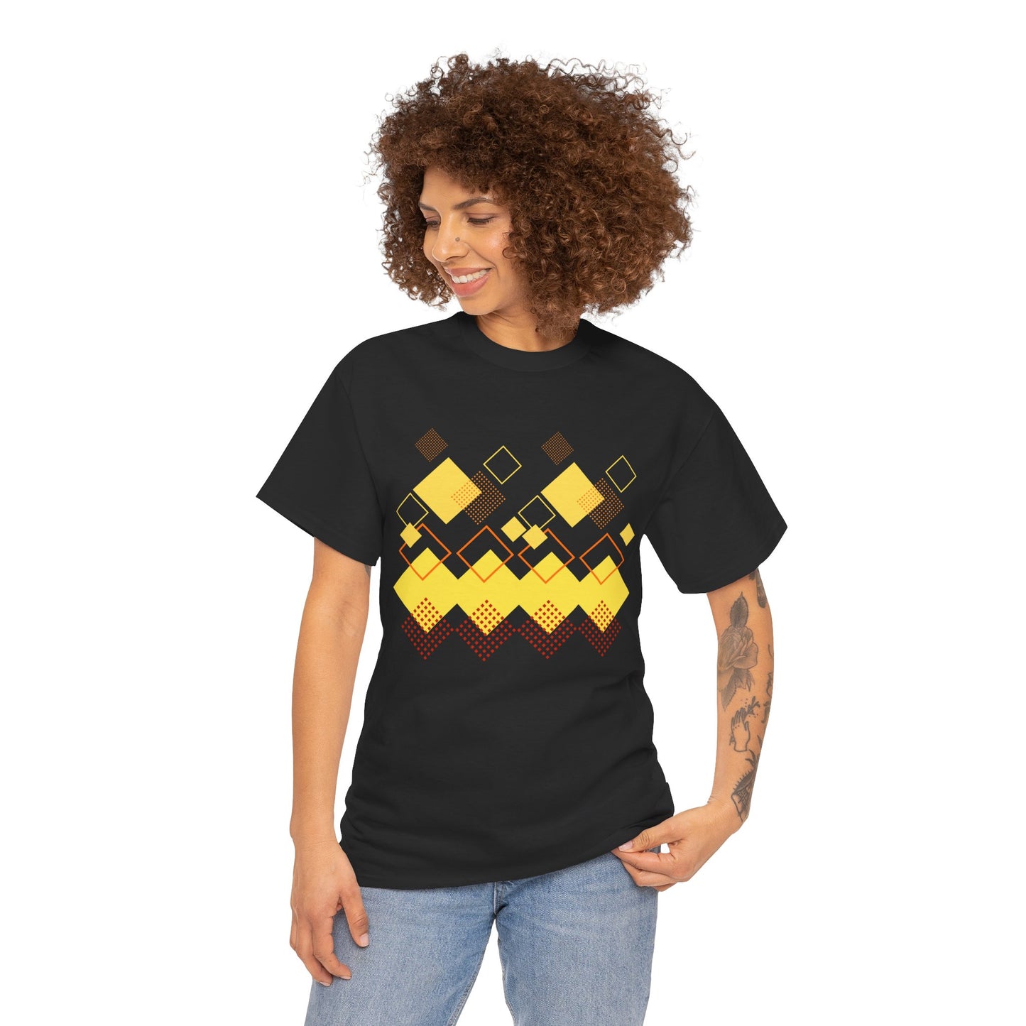 Geometric Diamond Pattern T-Shirt, Retro Pixel Art Tee, Golden Crown Graphic Shirt, Abstract Squares Design, Unisex Minimalist Black Tee