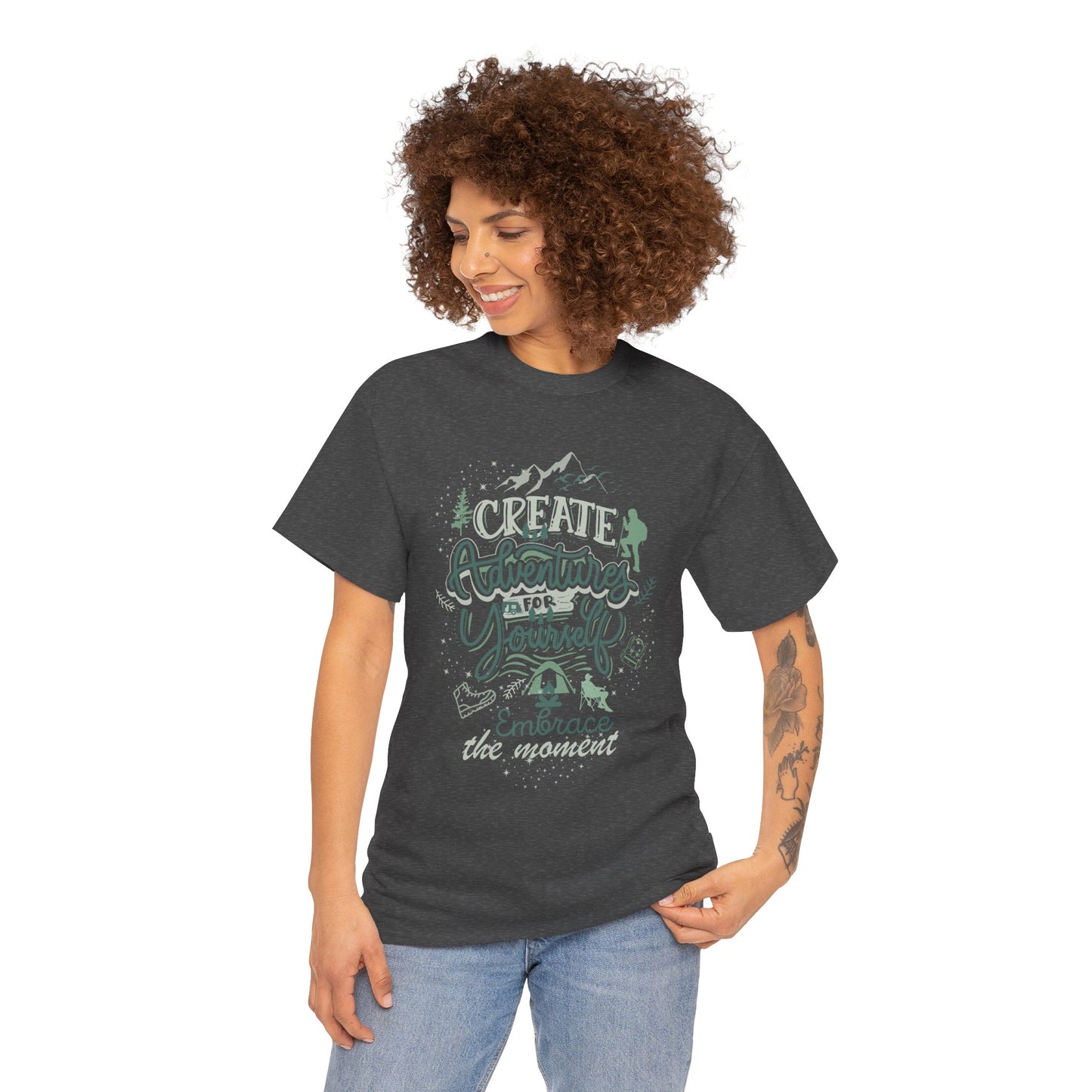 Adventure Awaits Unisex Heavy Cotton Tee, Travel Shirt, Inspirational Apparel, Nature Lover Gift, Casual Wear, Outdoor Adventures