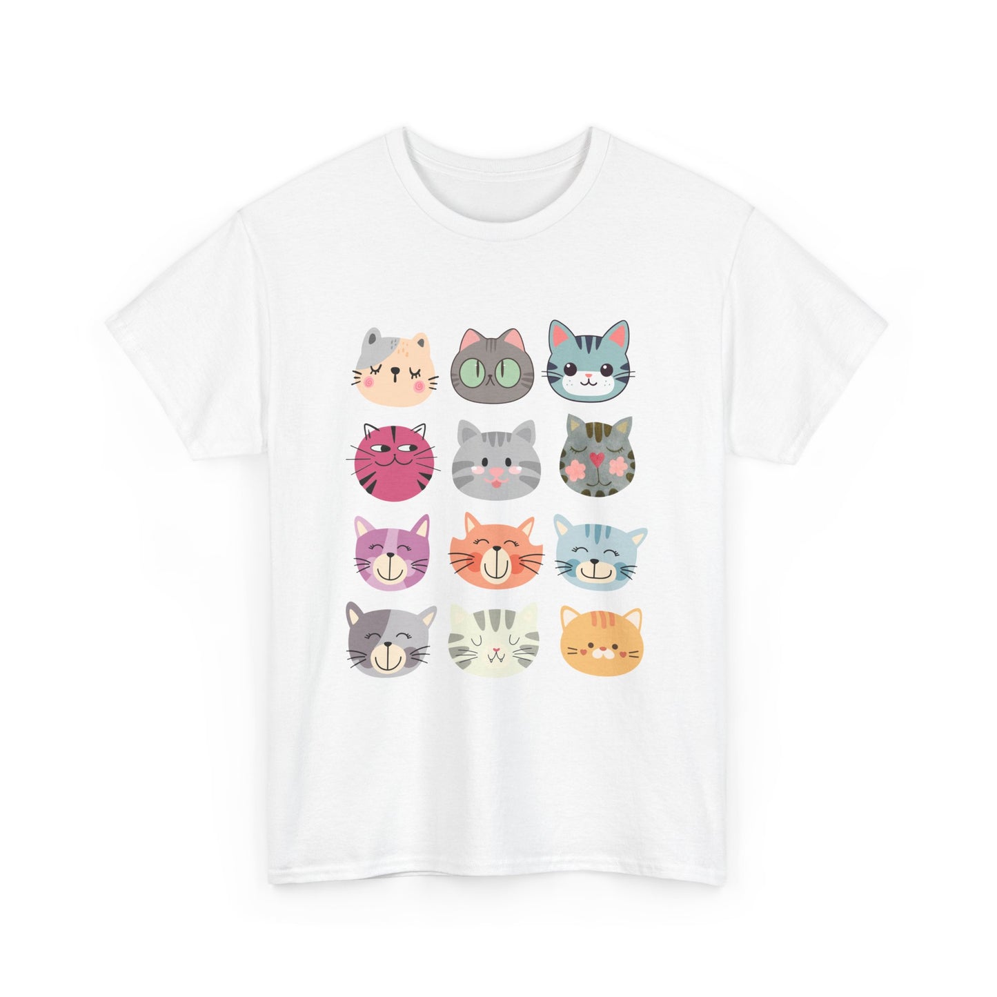 Cute Cat Faces T-Shirt, Cartoon Cat Lover Tee, Colorful Kitty Graphic Shirt, Funny Cat Mom Gift, Kawaii Cat Tee, Unisex Heavy Cotton Tee