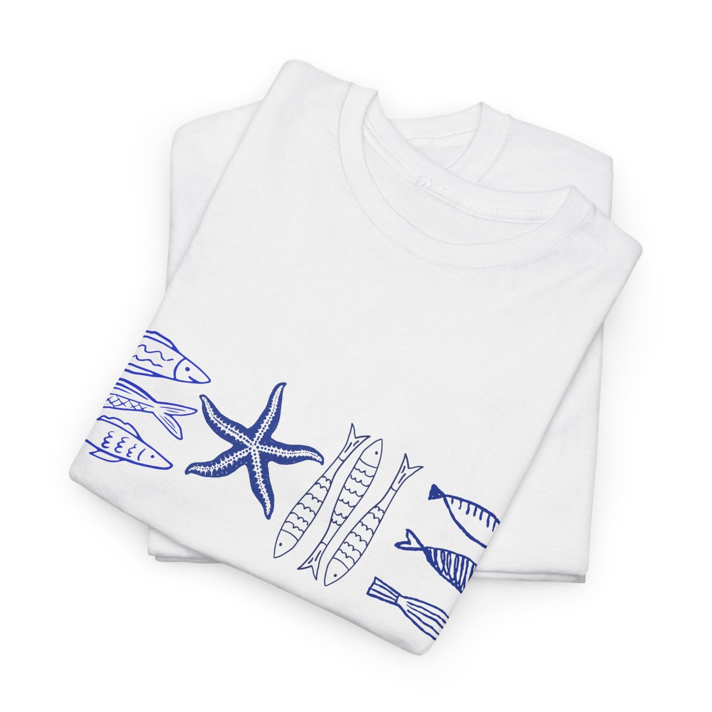 Coastal Sea Life Graphic T-Shirt, Blue Fish and Starfish Tee, Ocean Inspired Beach Shirt, Nautical Marine Life Tee, Coastal Summer Top