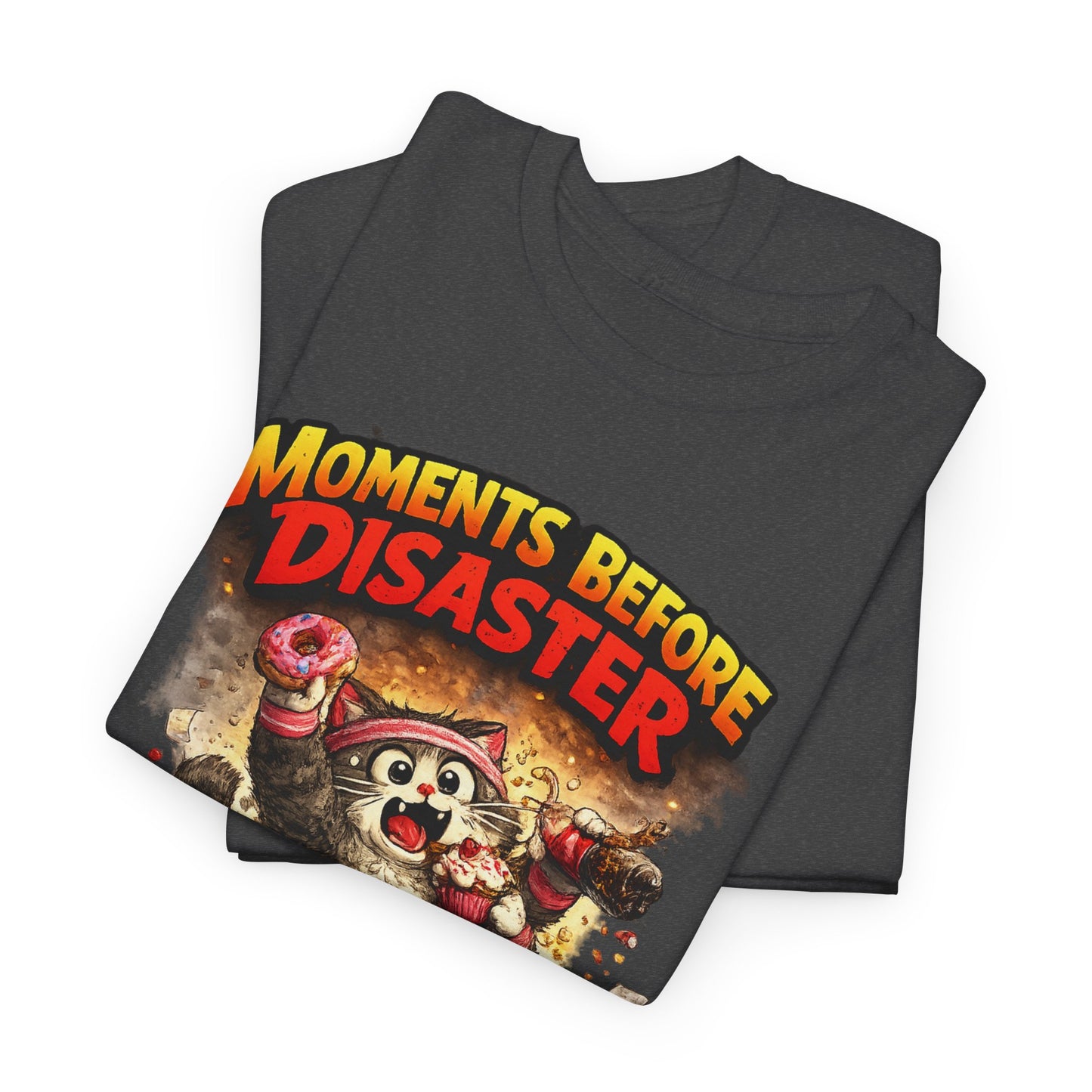 Moments Before Disaster T-Shirt | Funny Cartoon Cat Chaos Tee | Humorous Graphic Shirt