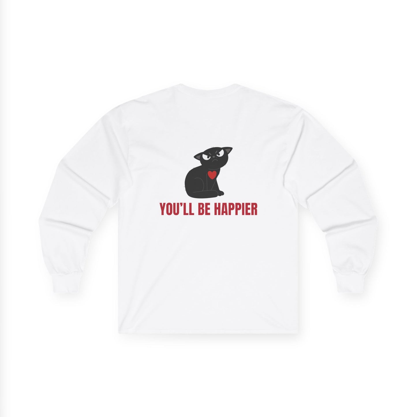 Lower Your Expectations cat design Long Sleeve Tee | black cat graphic, humorous text