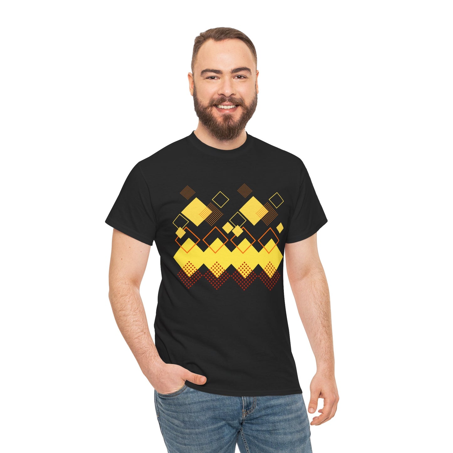 Geometric Diamond Pattern T-Shirt, Retro Pixel Art Tee, Golden Crown Graphic Shirt, Abstract Squares Design, Unisex Minimalist Black Tee