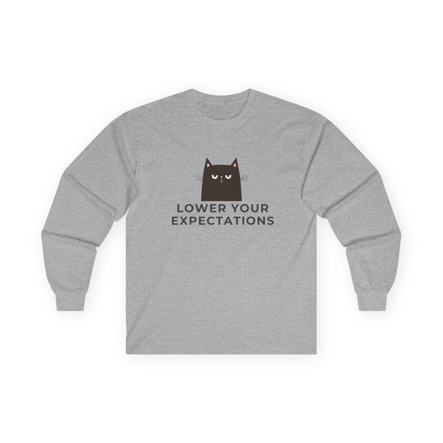 Lower Your Expectations cat design Long Sleeve Tee | black cat graphic, humorous text