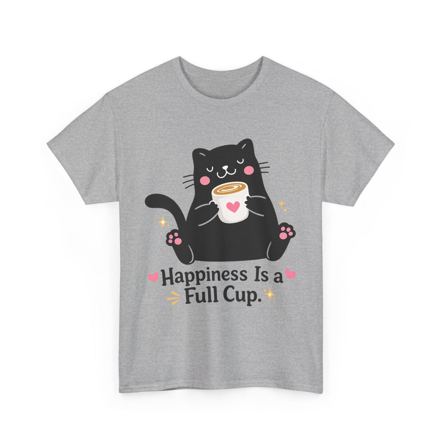 Happiness Is a Full Cup Cat T-Shirt | Cute Coffee Lover Tee, Funny Black Cat Graphic Shirt, Cozy Cat Mom Gift, Unisex Coffee Lover Tee