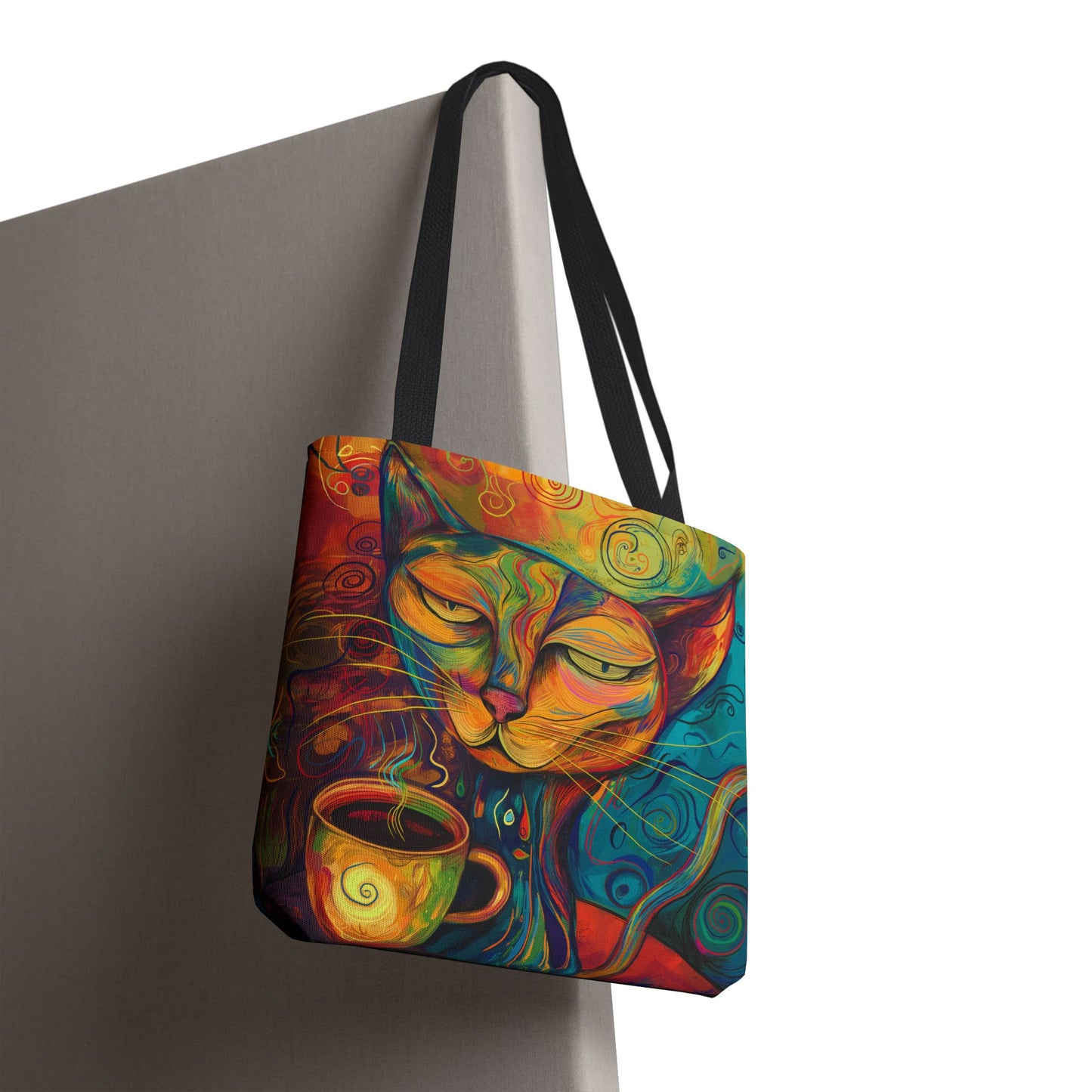 Chic Cat & Coffee Tote Artistic AOP Shopper Bag, Reusable Tote for Women, Cute Gift for Cat Lovers