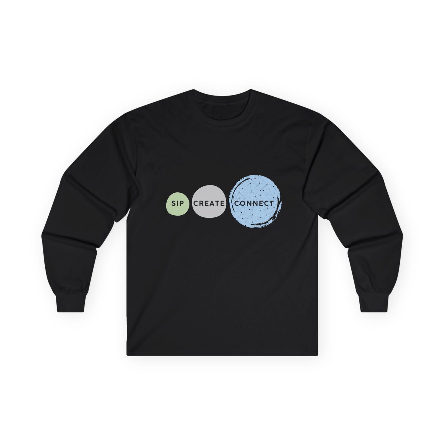 Sip Create Connect Long Sleeve Tee | Coffee and Creativity Graphic