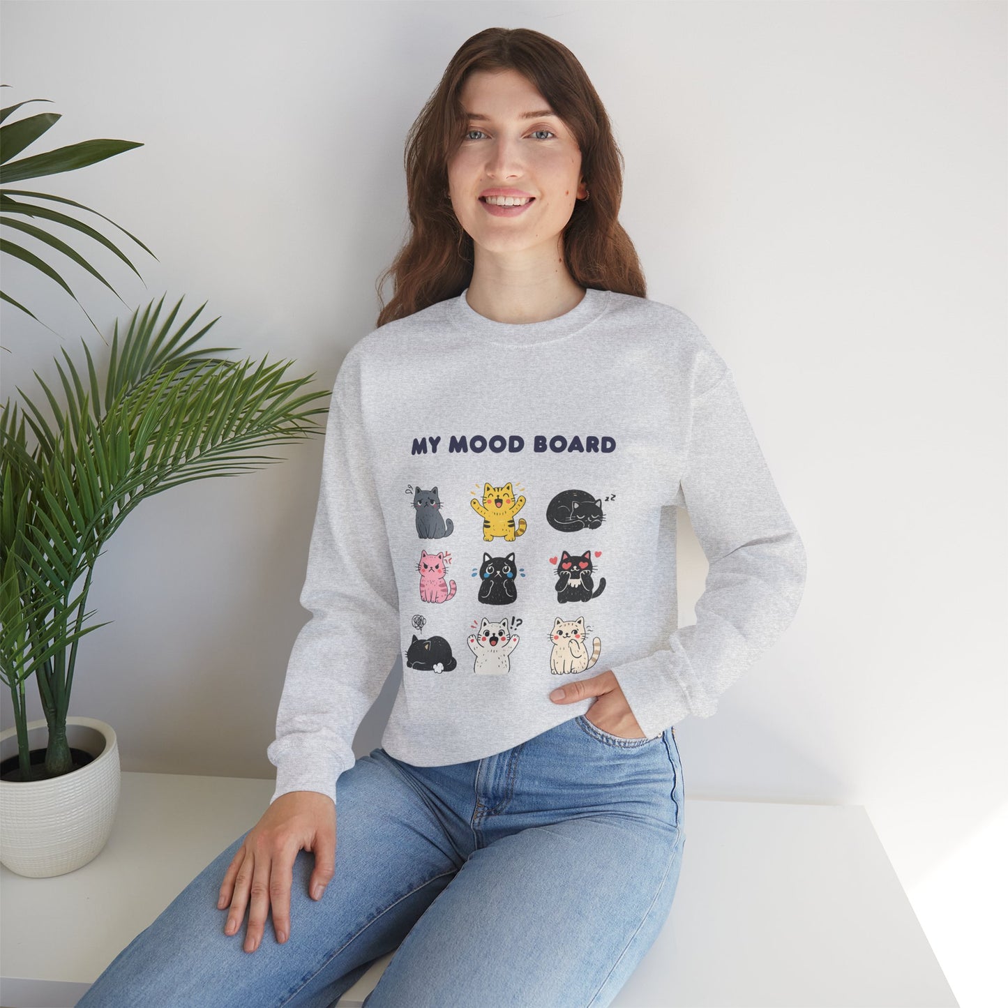 Cute Cat Mood Board Crewneck Sweatshirt, Funny Cat Graphic Pullover, Cozy Unisex Cat Lover Sweater, Pet Lover Gift