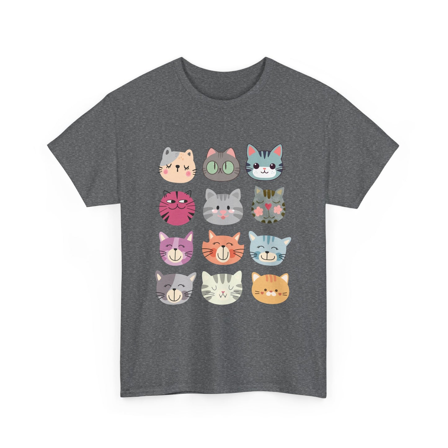 Cute Cat Faces T-Shirt, Cartoon Cat Lover Tee, Colorful Kitty Graphic Shirt, Funny Cat Mom Gift, Kawaii Cat Tee, Unisex Heavy Cotton Tee