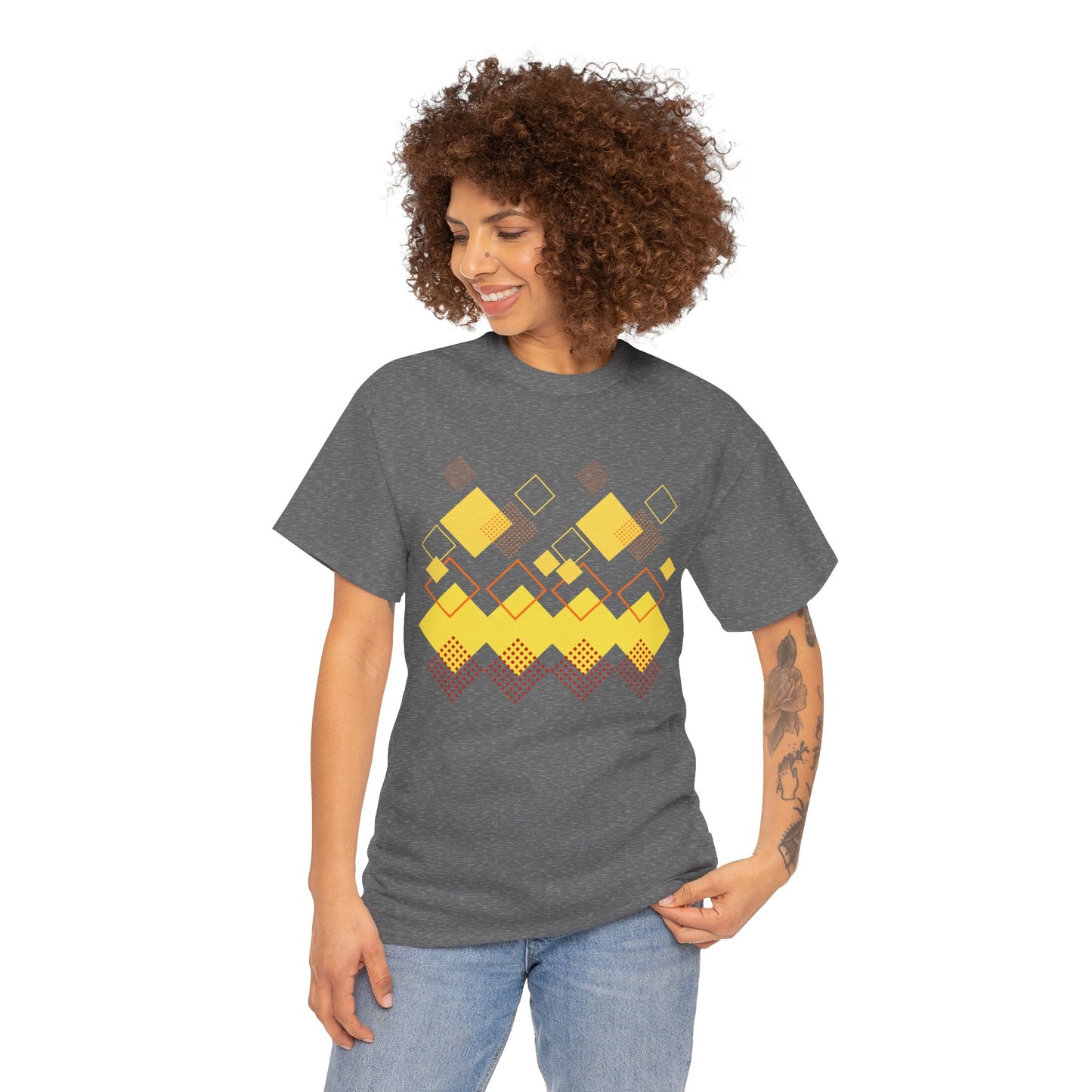 Geometric Diamond Pattern T-Shirt, Retro Pixel Art Tee, Golden Crown Graphic Shirt, Abstract Squares Design, Unisex Minimalist Black Tee