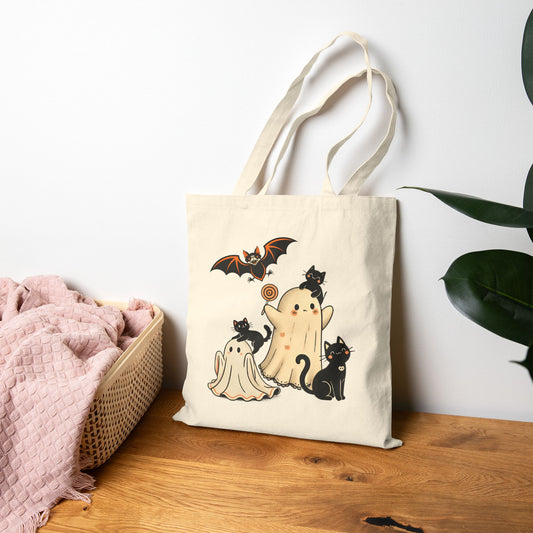 Halloween Ghost & Cats Cotton Canvas Tote Bag, Trick or Treat