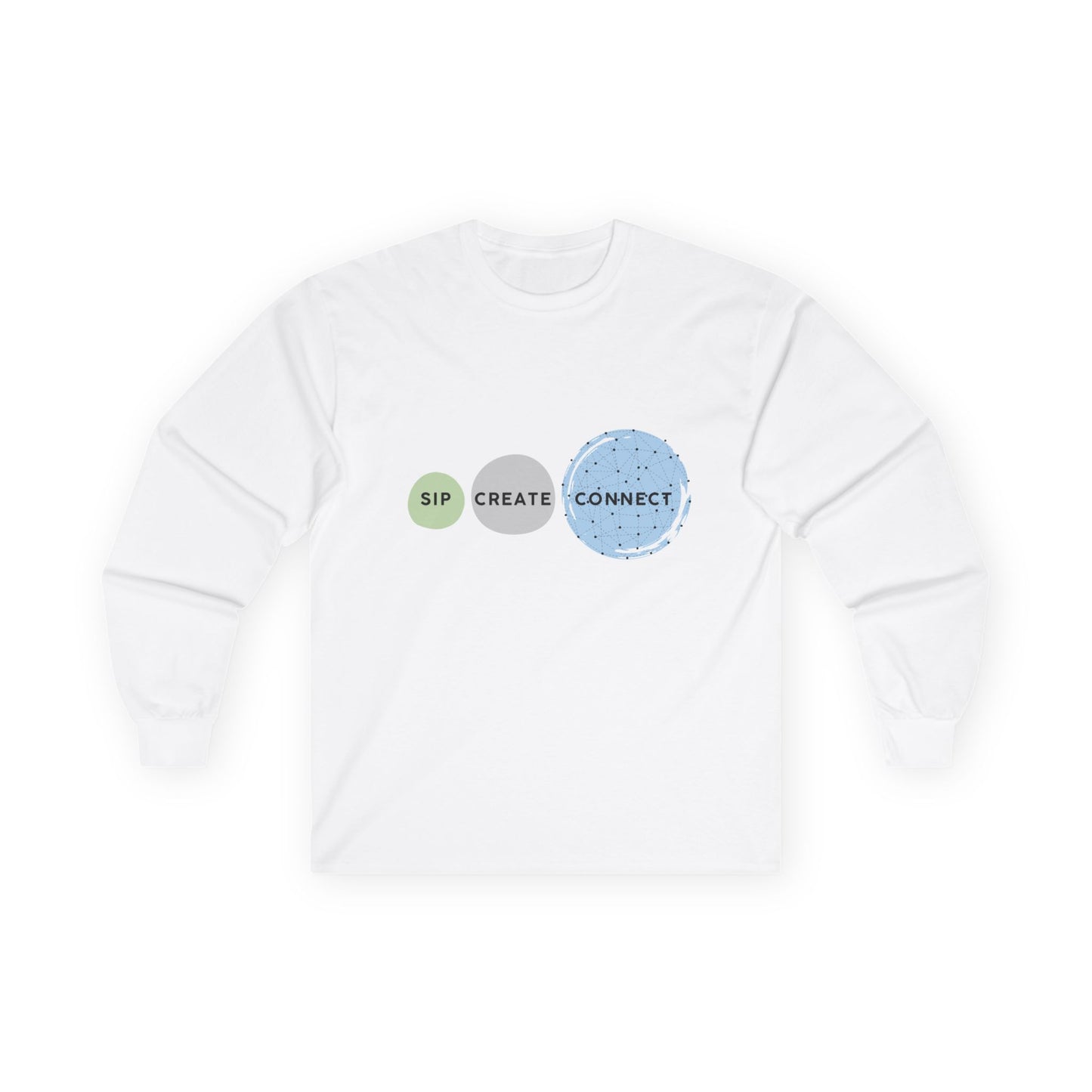 Sip Create Connect Long Sleeve Tee | Coffee and Creativity Graphic
