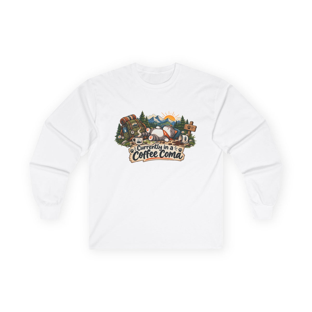 Currently in a Coffee Coma Long Sleeve Shirt | Funny Coffee Lover Cat Tee
