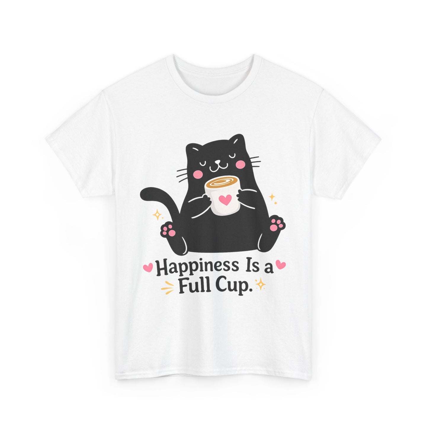 Happiness Is a Full Cup Cat T-Shirt | Cute Coffee Lover Tee, Funny Black Cat Graphic Shirt, Cozy Cat Mom Gift, Unisex Coffee Lover Tee
