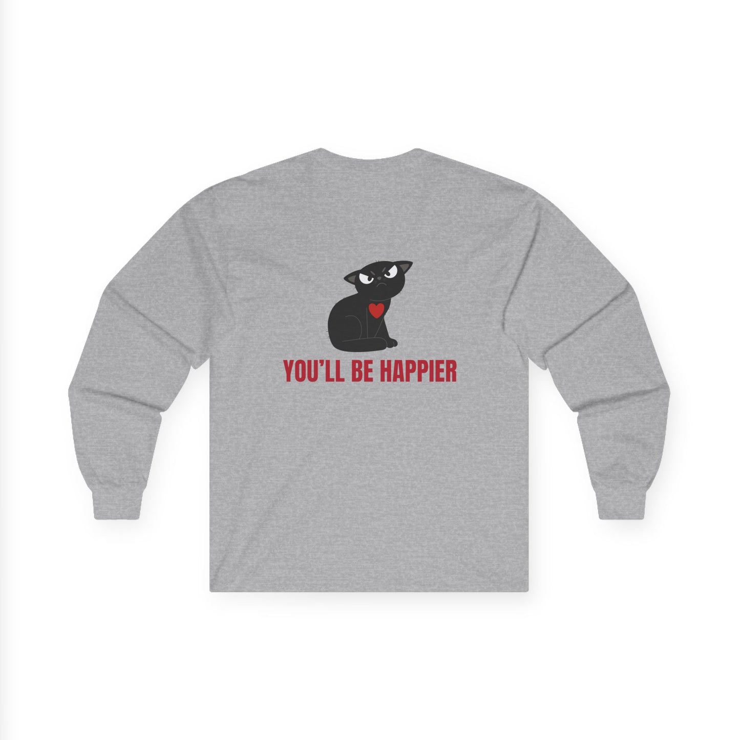 Lower Your Expectations cat design Long Sleeve Tee | black cat graphic, humorous text