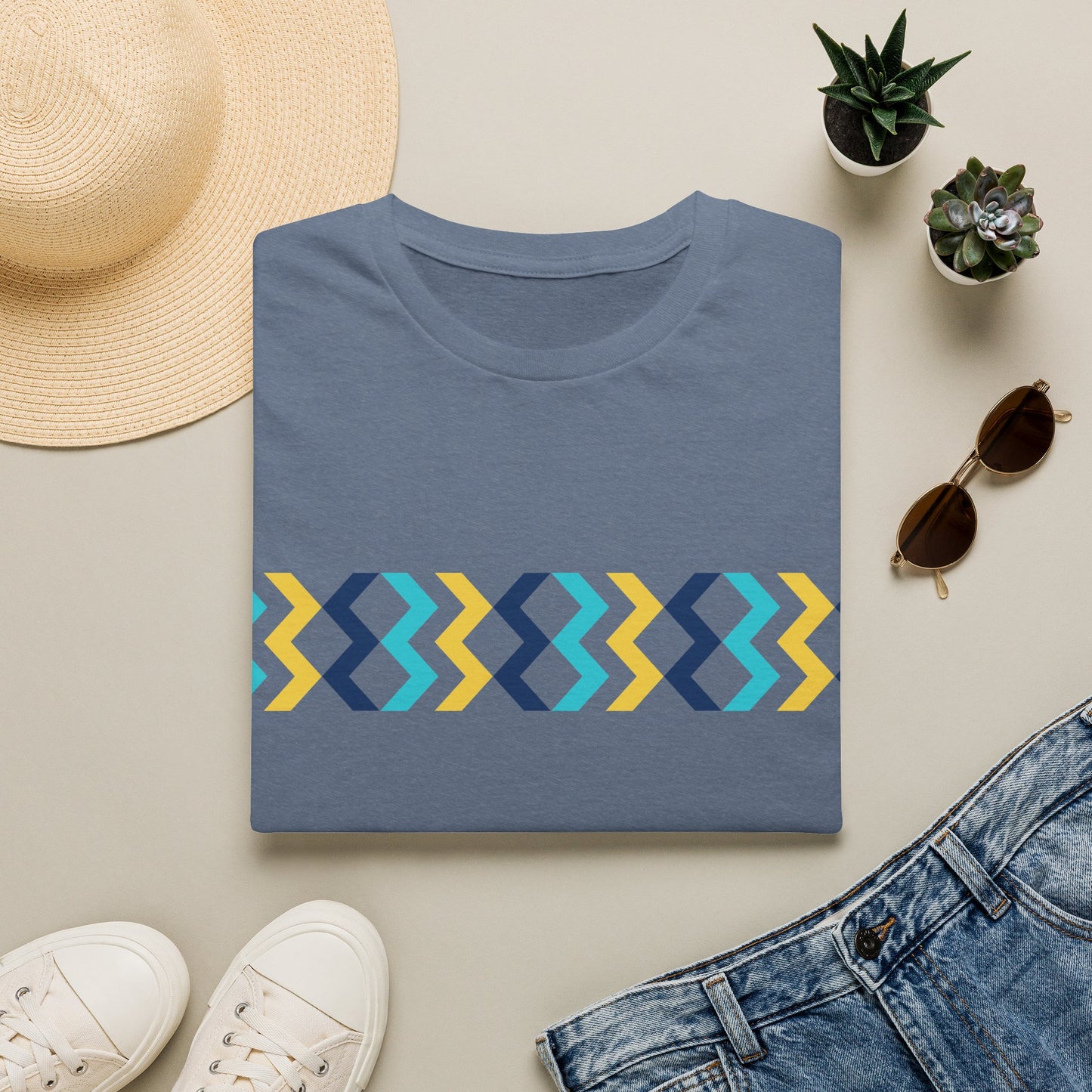 Geometric Chevron Stripe T-Shirt — Modern Blue & Yellow Pattern