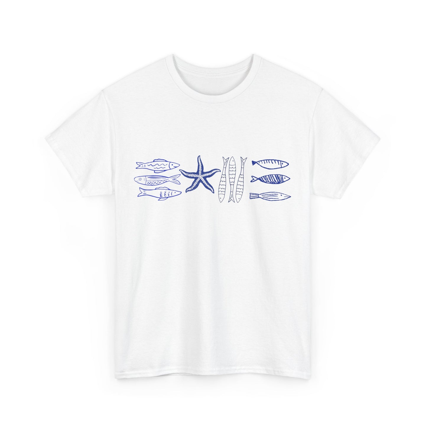 Coastal Sea Life Graphic T-Shirt, Blue Fish and Starfish Tee, Ocean Inspired Beach Shirt, Nautical Marine Life Tee, Coastal Summer Top