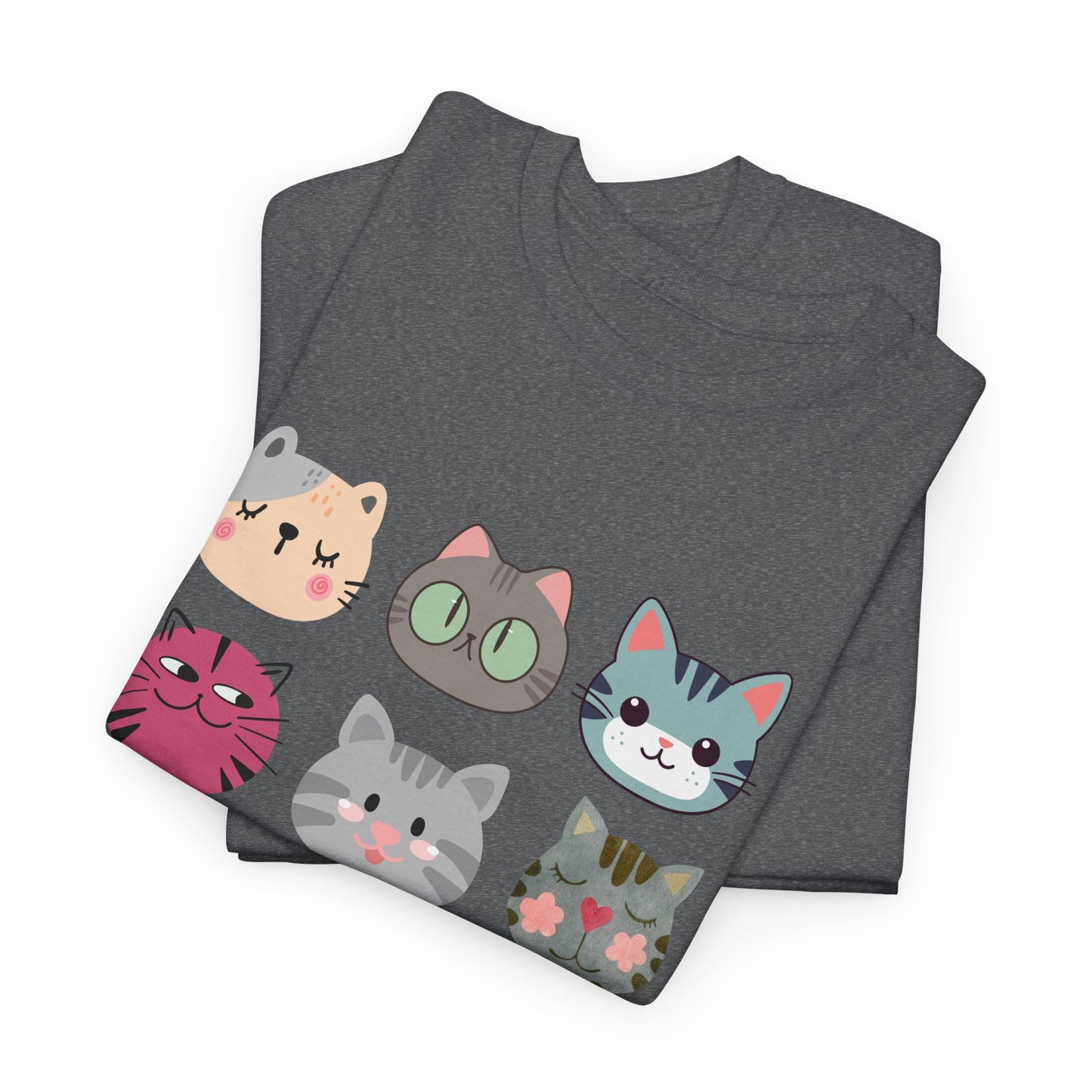 Cute Cat Faces T-Shirt, Cartoon Cat Lover Tee, Colorful Kitty Graphic Shirt, Funny Cat Mom Gift, Kawaii Cat Tee, Unisex Heavy Cotton Tee