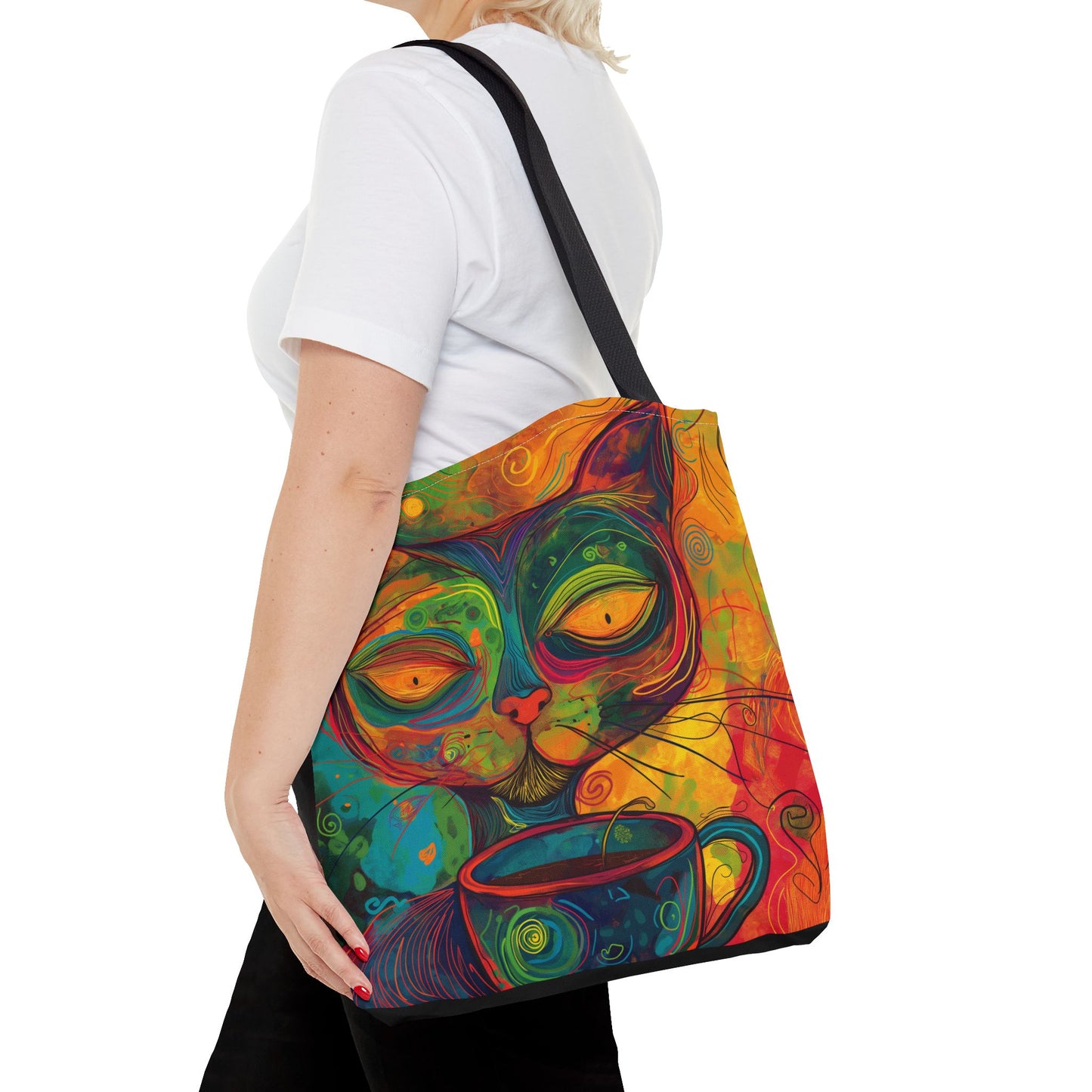 Colorful Cat Coffee Tote Bag - Abstract Art Cat Lover Gift, Cute AOP Tote for Women on the Go, Reusable Shopper Bag