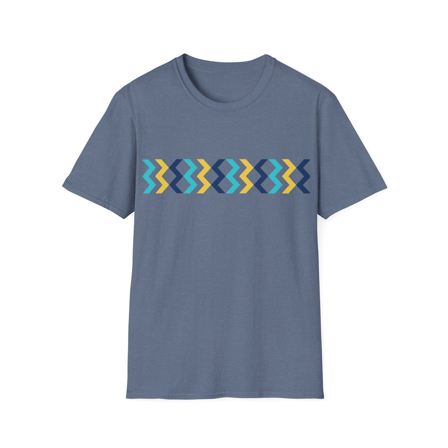 Geometric Chevron Stripe T-Shirt — Modern Blue & Yellow Pattern