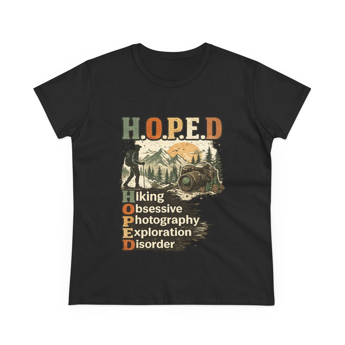 HOPED Hiking T‑Shirt — "Hiking Obsessive Photography Exploration Disorder" Outdoor Graphic Tee