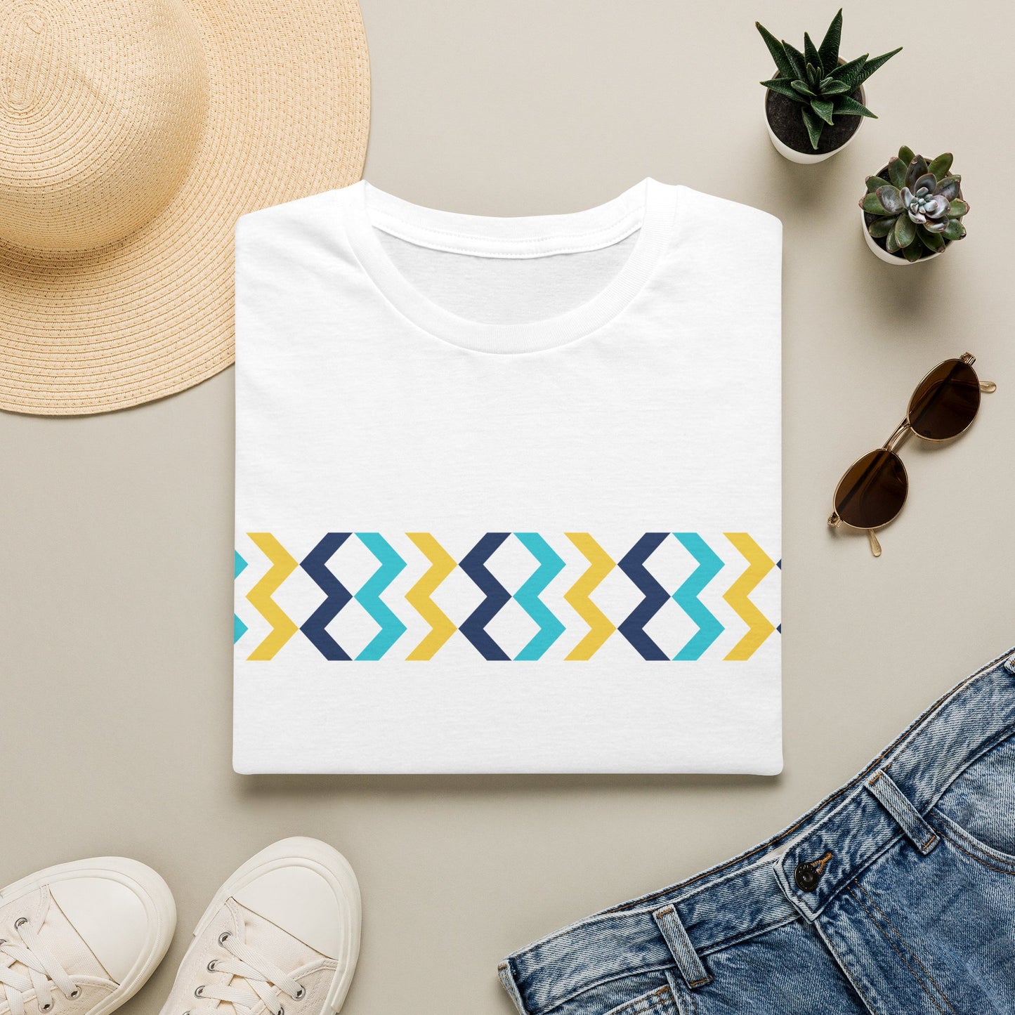 Geometric Chevron Stripe T-Shirt — Modern Blue & Yellow Pattern