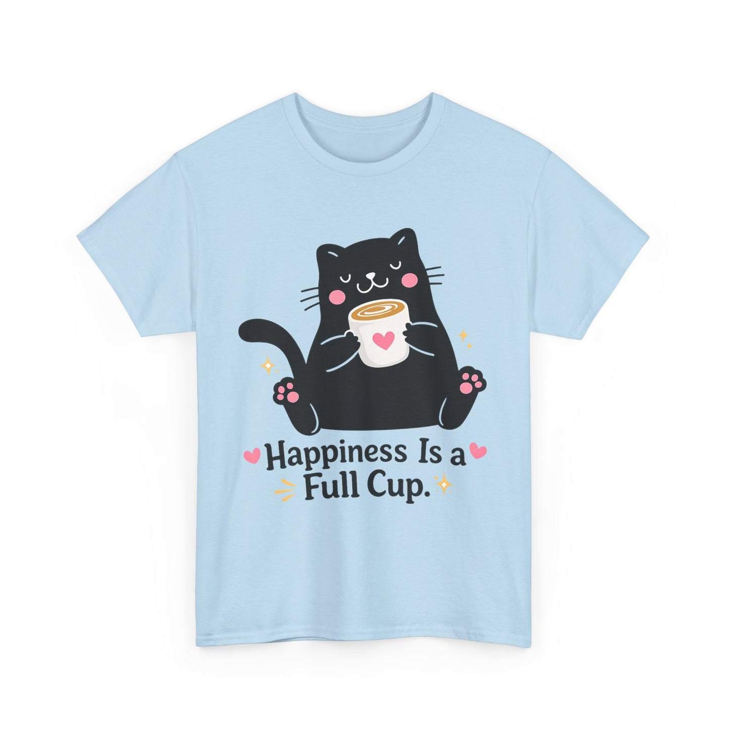 Happiness Is a Full Cup Cat T-Shirt | Cute Coffee Lover Tee, Funny Black Cat Graphic Shirt, Cozy Cat Mom Gift, Unisex Coffee Lover Tee