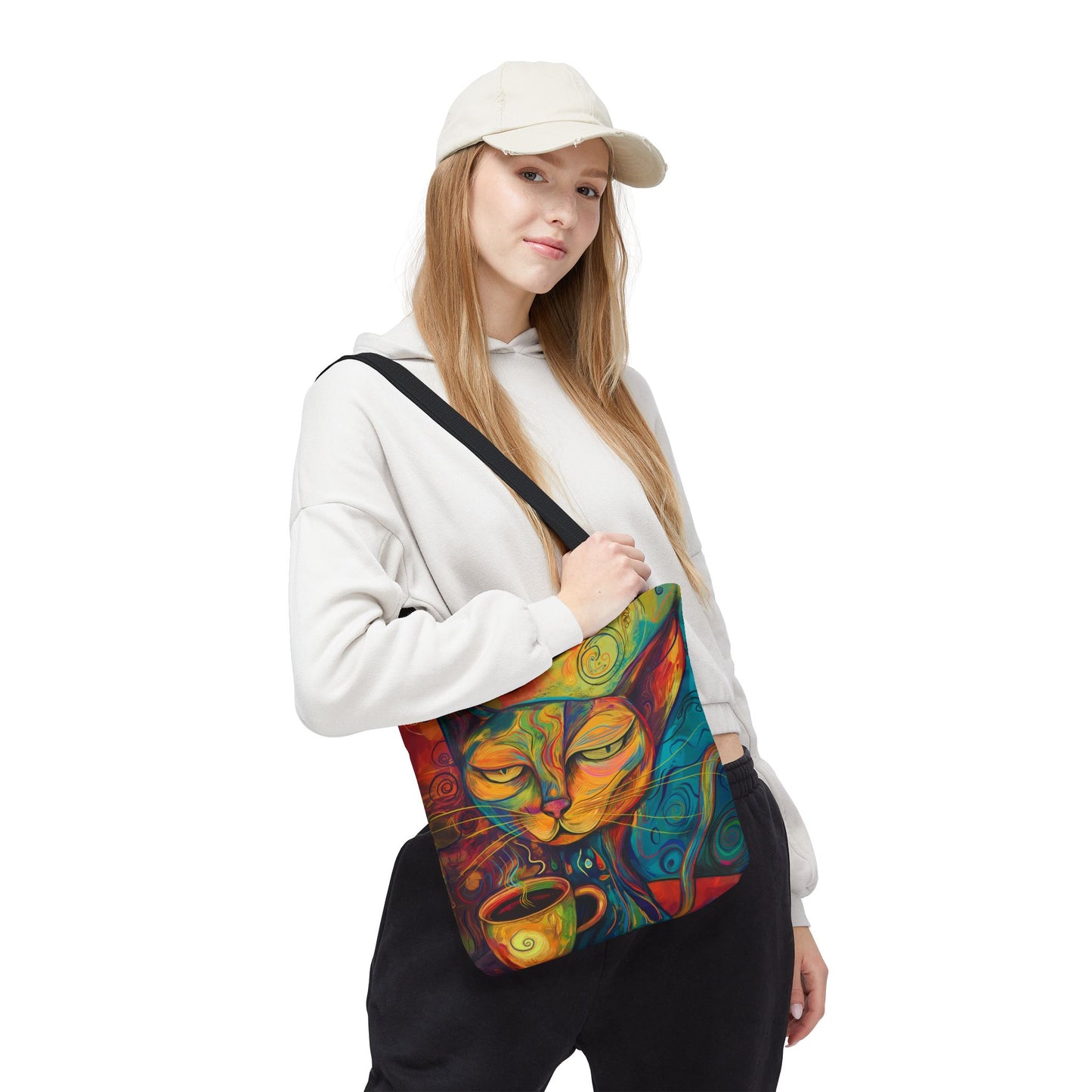 Chic Cat & Coffee Tote Artistic AOP Shopper Bag, Reusable Tote for Women, Cute Gift for Cat Lovers