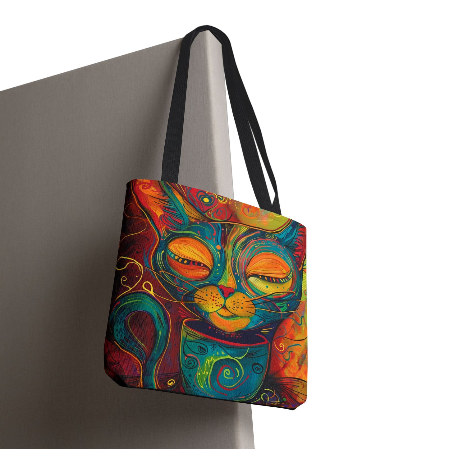 Vibrant Cat & Coffee Tote Bag - Abstract Cat Lover Gift, Cute AOP Reusable Tote for Busy Women, Coffee Cat Mom Bag