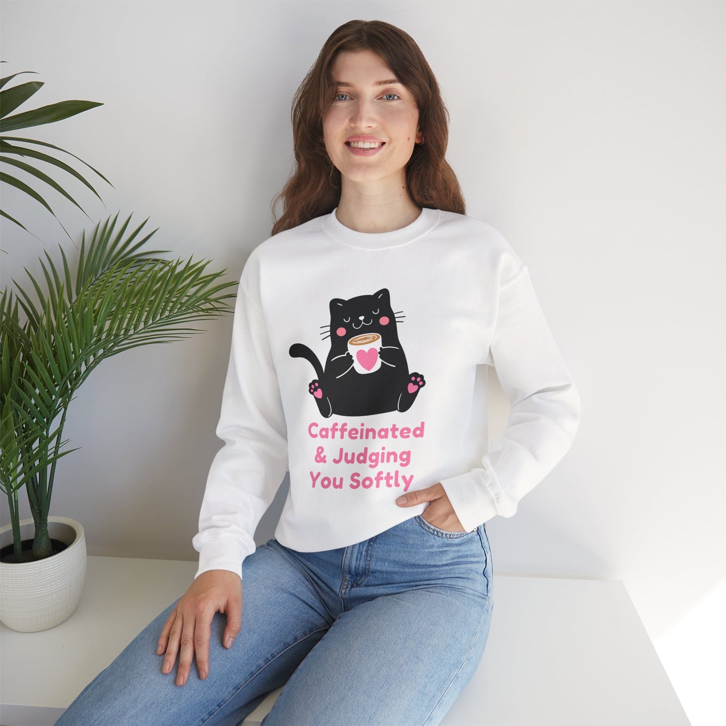 Caffeinated & Judging You Softly Cat Sweatshirt | Funny Coffee Lover Crewneck