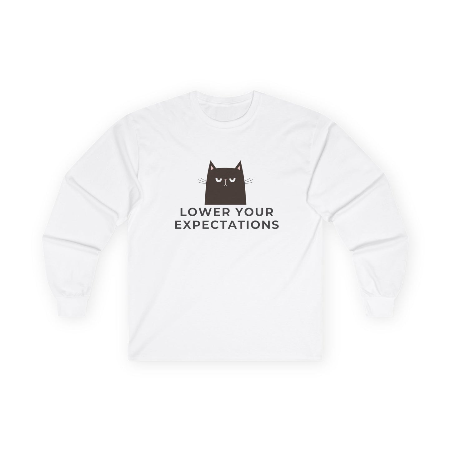 Lower Your Expectations cat design Long Sleeve Tee | black cat graphic, humorous text