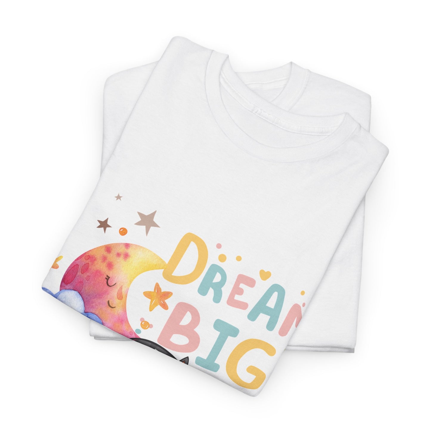 Dream Big Cat T-Shirt – Cute Sleeping Cat Graphic Tee, Pastel Moon & Cloud Shirt, Cozy Cat Lover Gift, Inspirational Animal Tee