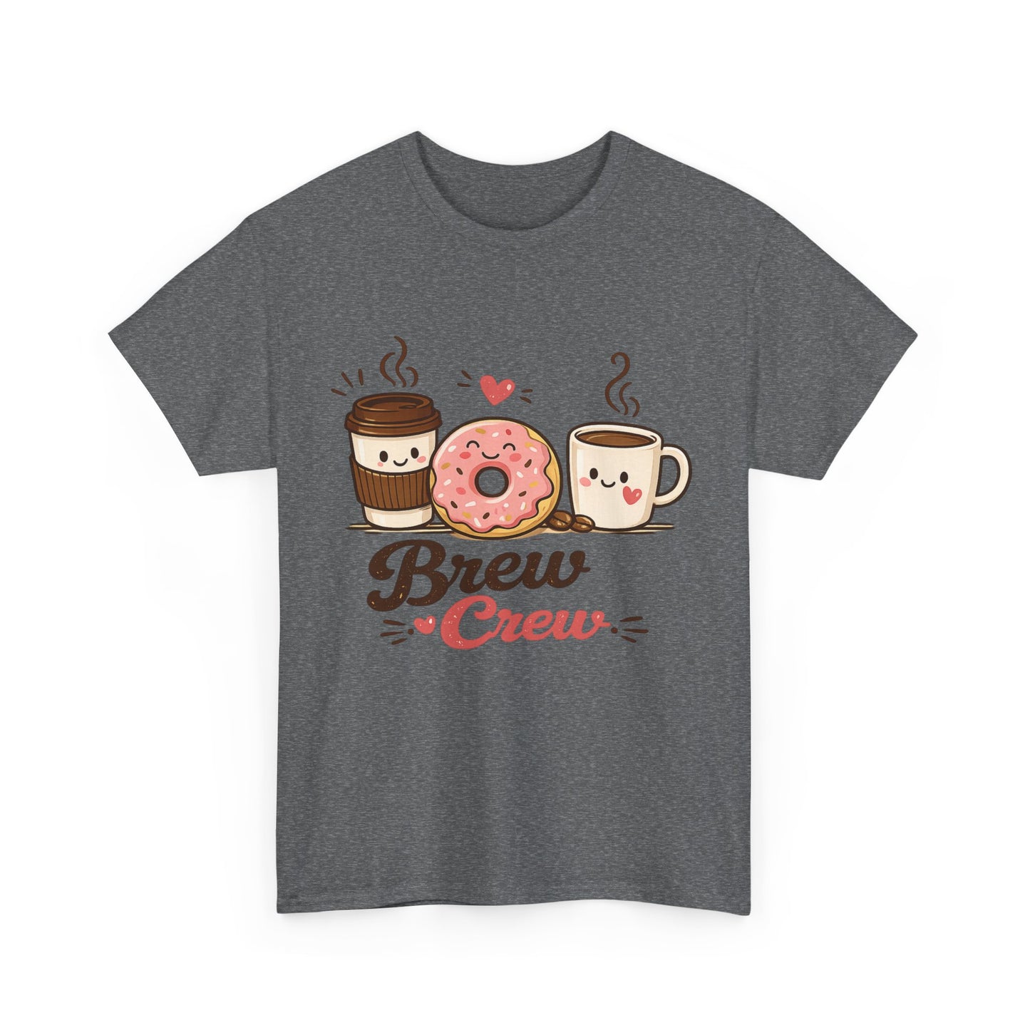 Brew Crew Coffee Donut T-Shirt, Cute Coffee Lover Tee, Breakfast Graphic Shirt, Cafe Aesthetic Gift, Unisex Heavy Cotton Gildan 5000 Tee