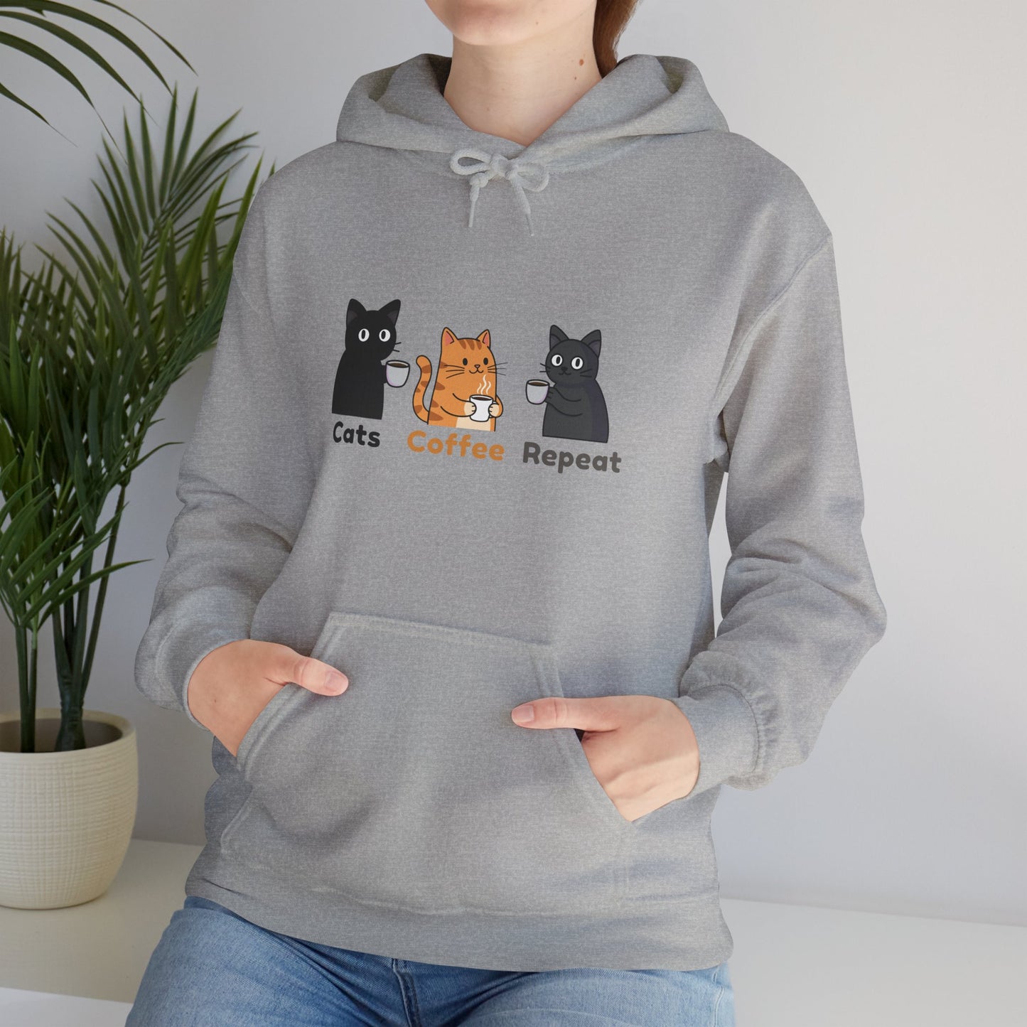 Cats Coffee Repeat Hoodie Cute Cat Coffee Graphic Cozy Unisex Sweatshirt Funny Cat Lover Gift