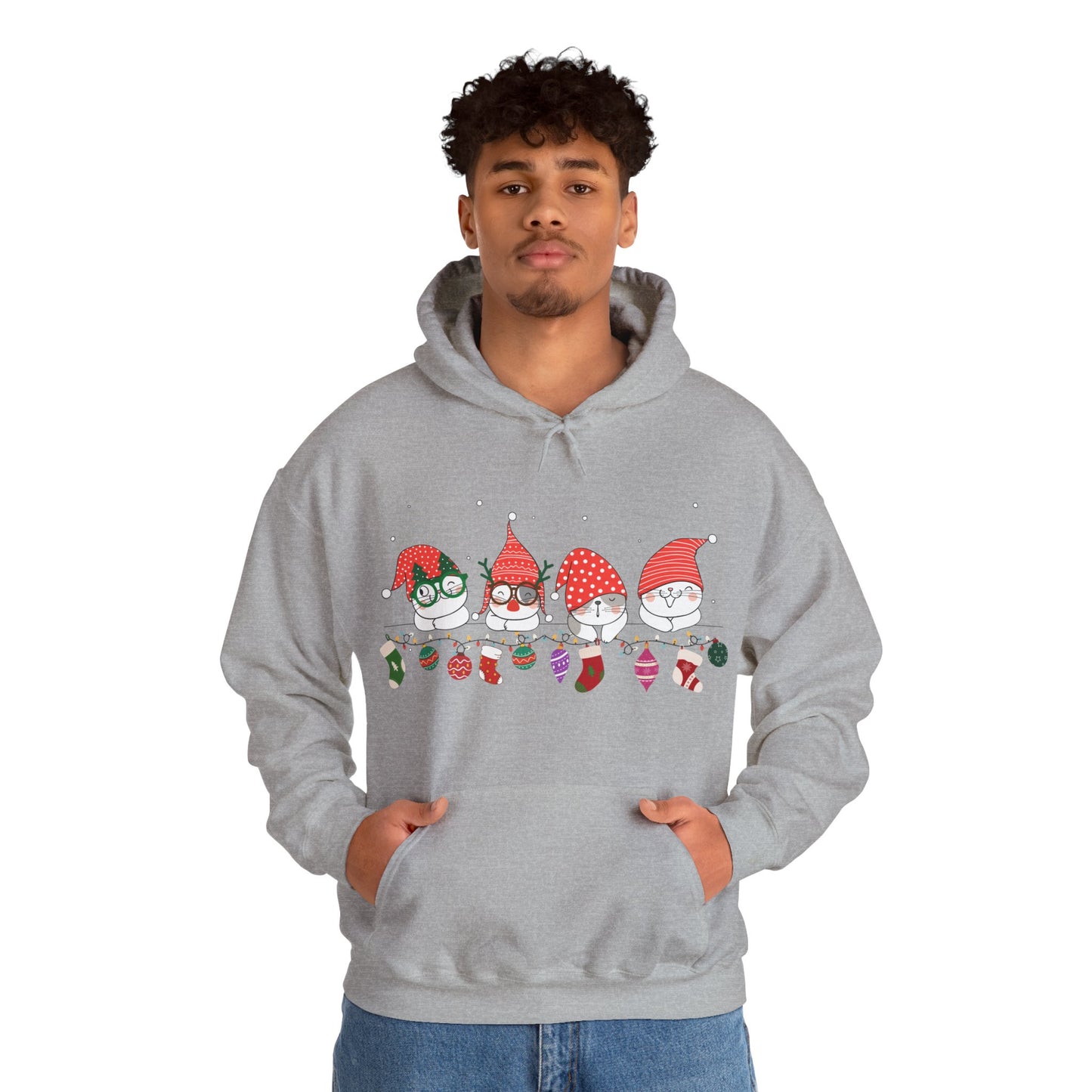Holiday Cat Gnome Hoodie with Stockings and Ornaments