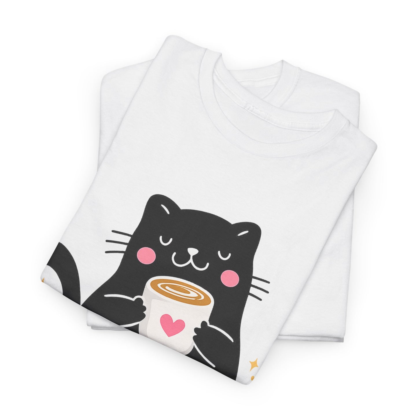 Happiness Is a Full Cup Cat T-Shirt | Cute Coffee Lover Tee, Funny Black Cat Graphic Shirt, Cozy Cat Mom Gift, Unisex Coffee Lover Tee