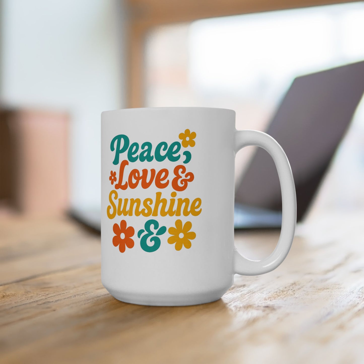 Peace, Love & Sunshine Mug Inspirational Coffee Cup with Floral Design, Positive Vibes Gift for Friends