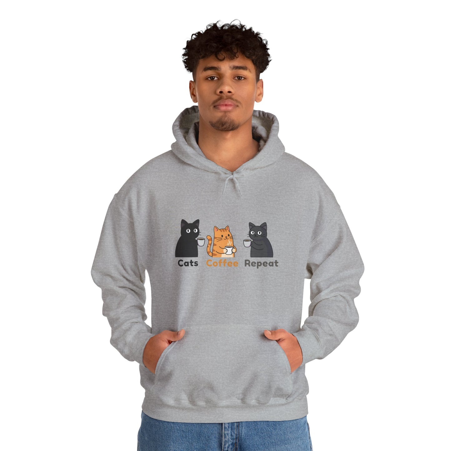 Cats Coffee Repeat Hoodie Cute Cat Coffee Graphic Cozy Unisex Sweatshirt Funny Cat Lover Gift