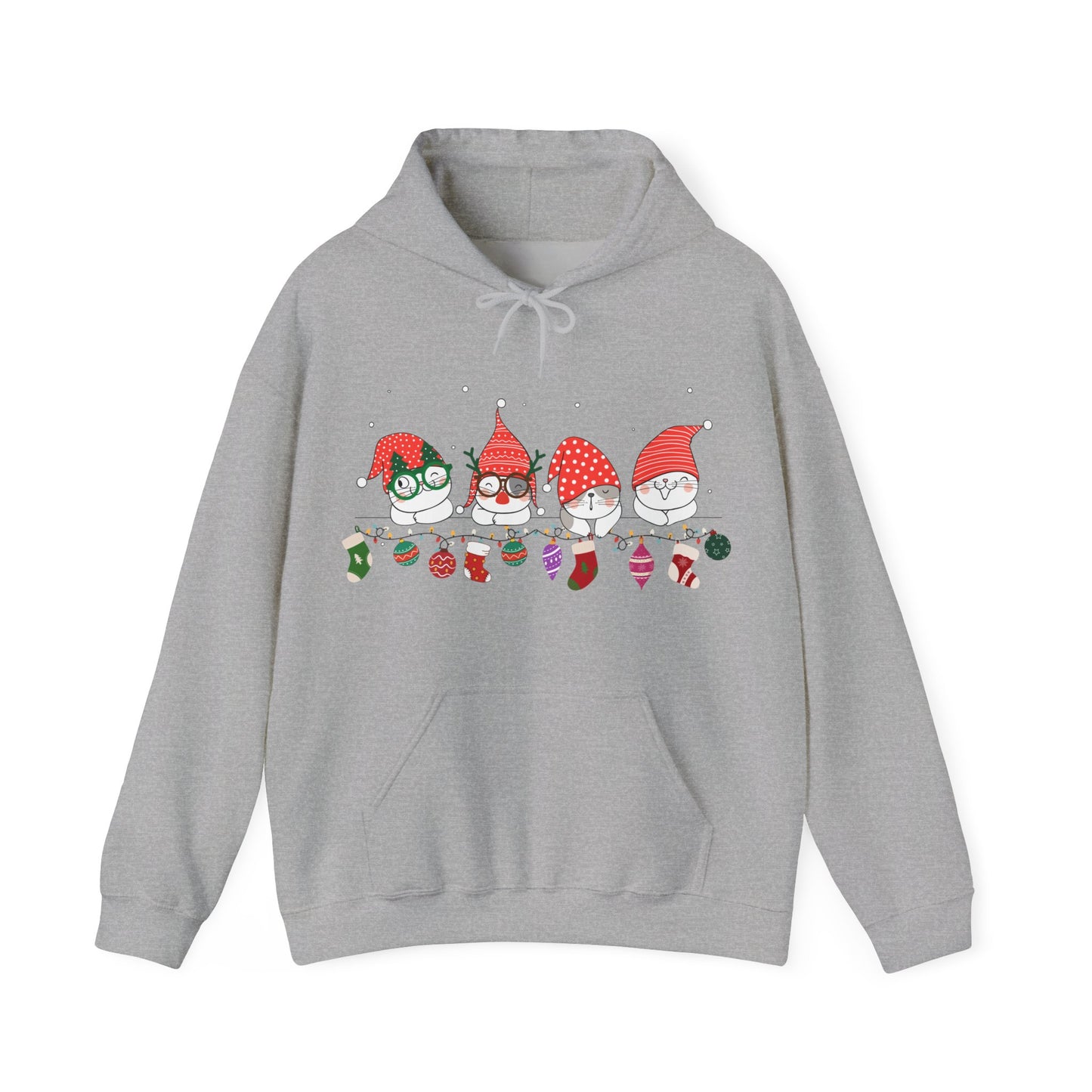 Holiday Cat Gnome Hoodie with Stockings and Ornaments