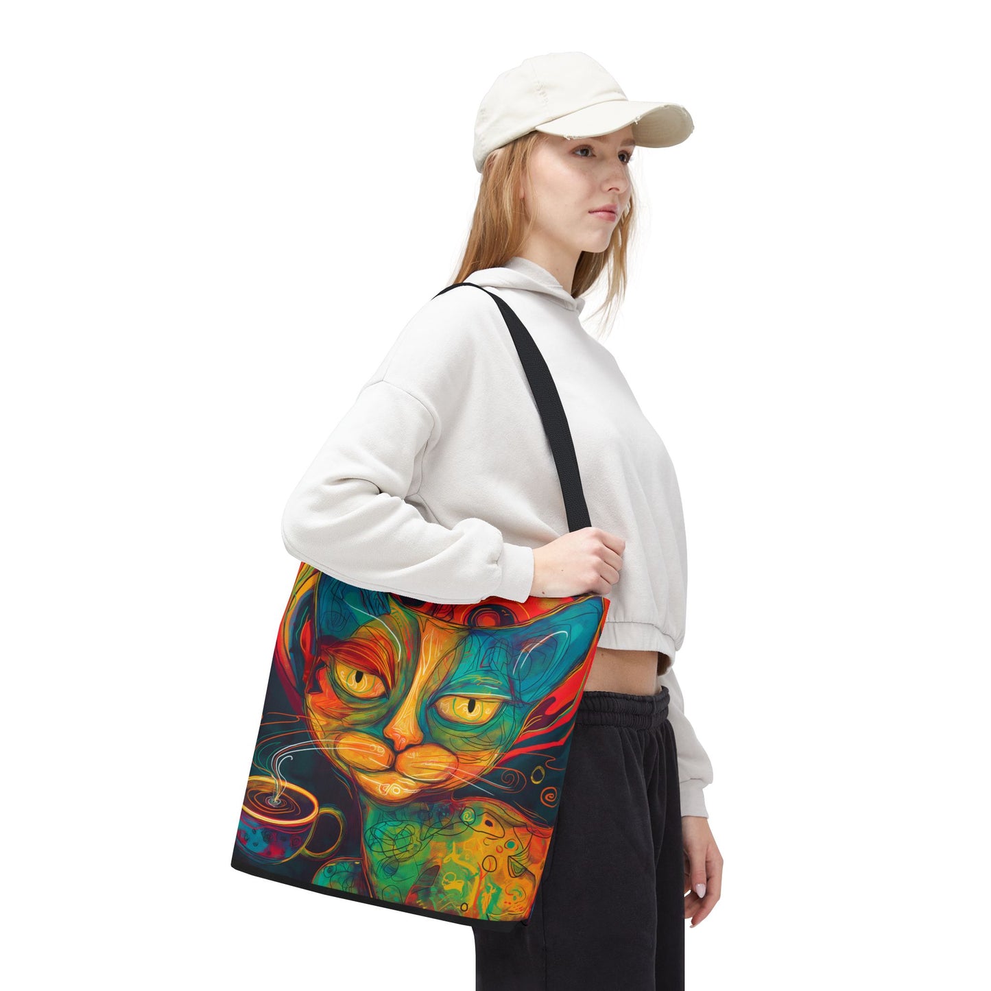 Coffee & Cats On-the-Go Abstract Tote Bag for Feline Fans, Cat Lover Gifts, Kitty Shopping Bag, Pet Owner Accessories, Cute Cat Print