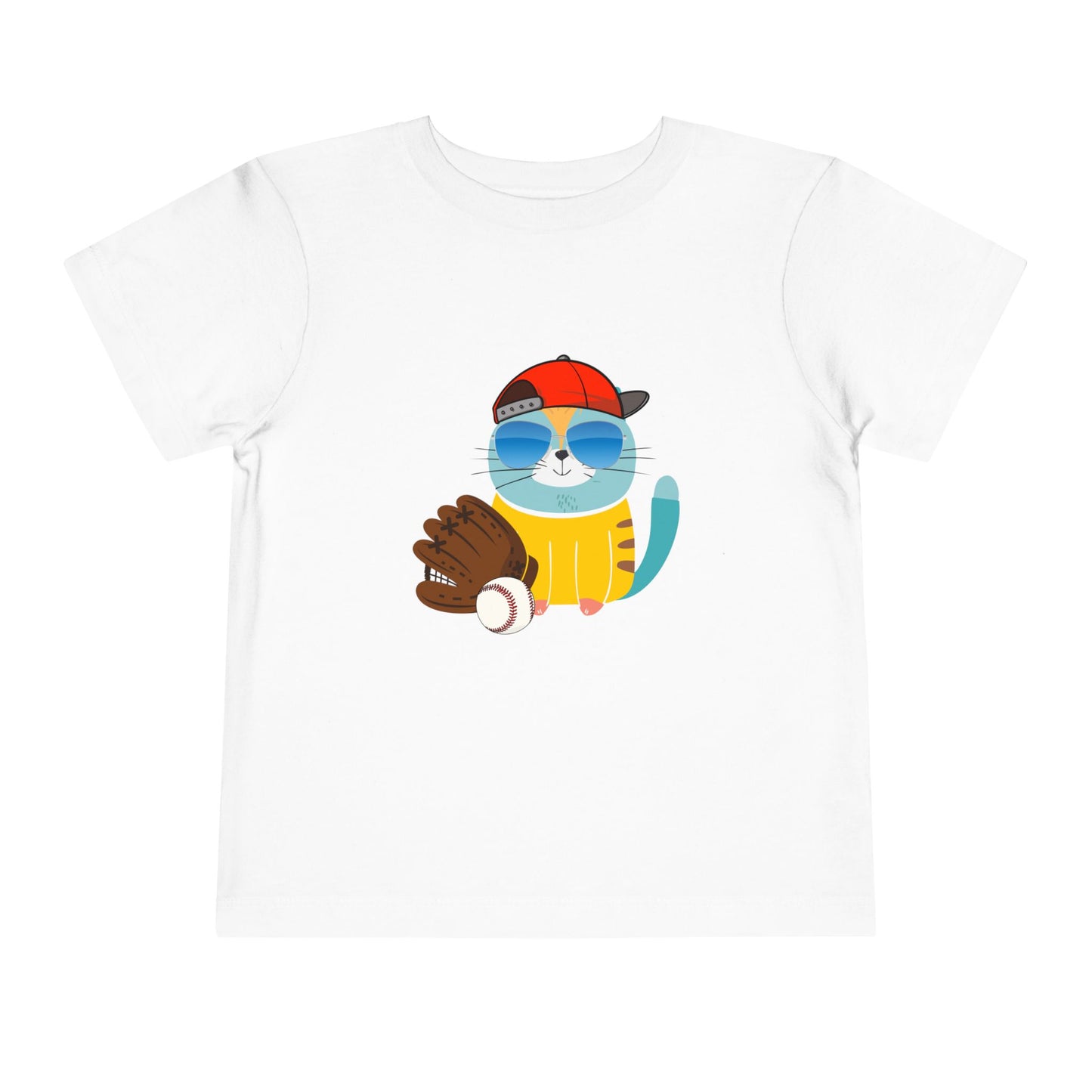 Cool Baseball Cat Toddler T-Shirt | Kids Short Sleeve Tee with Cap, Sunglasses, and Mitt | Fun Sports Shirt for Boys & Girls