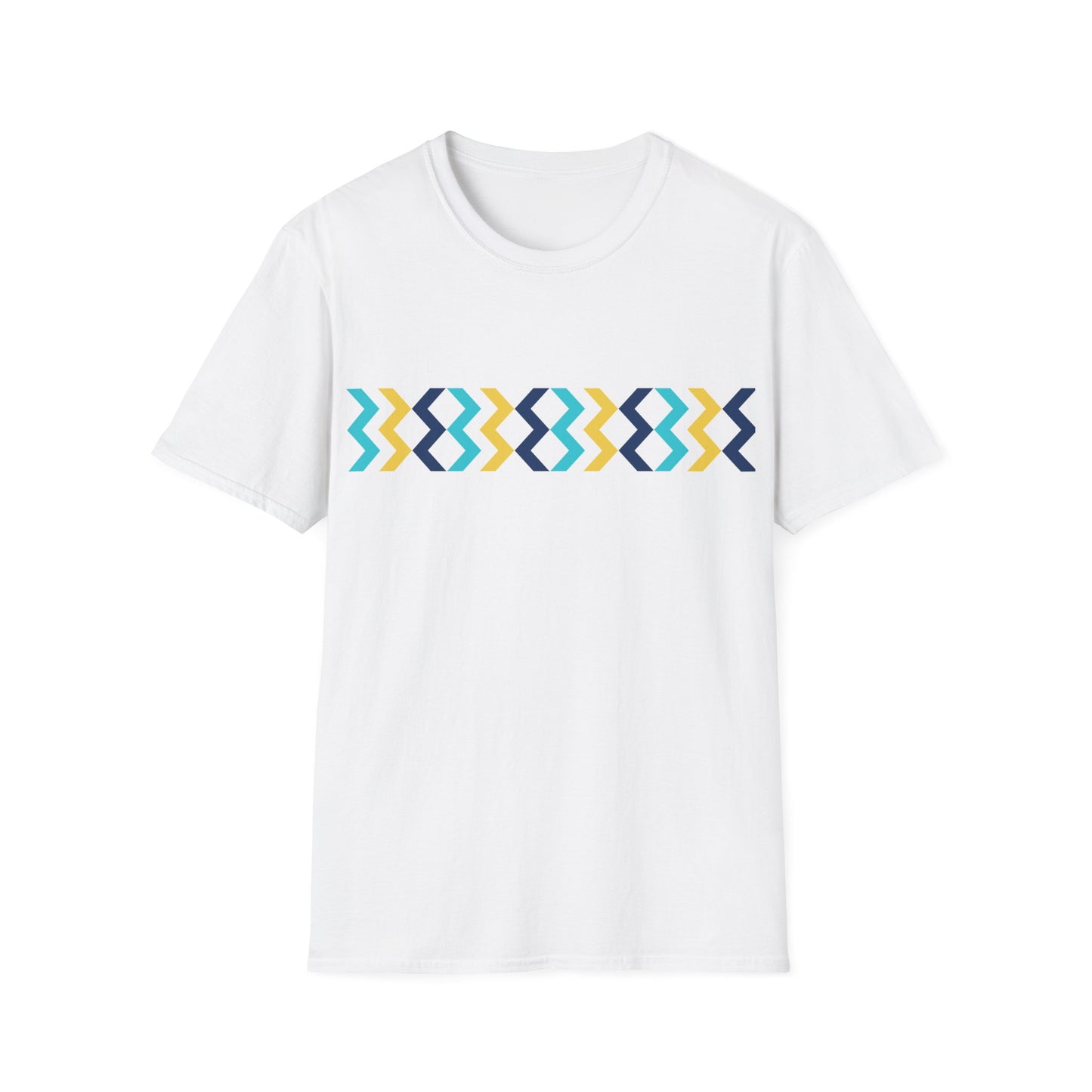 Geometric Chevron Stripe T-Shirt — Modern Blue & Yellow Pattern