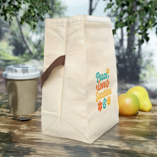 Reusable Canvas Lunch Bag – Peace Love & Sunshine Design, Cute Lunch Tote for School, Work, Picnic, Gift for Lunch Lovers