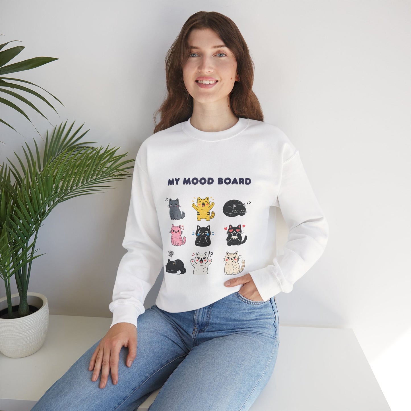 Cute Cat Mood Board Crewneck Sweatshirt, Funny Cat Graphic Pullover, Cozy Unisex Cat Lover Sweater, Pet Lover Gift