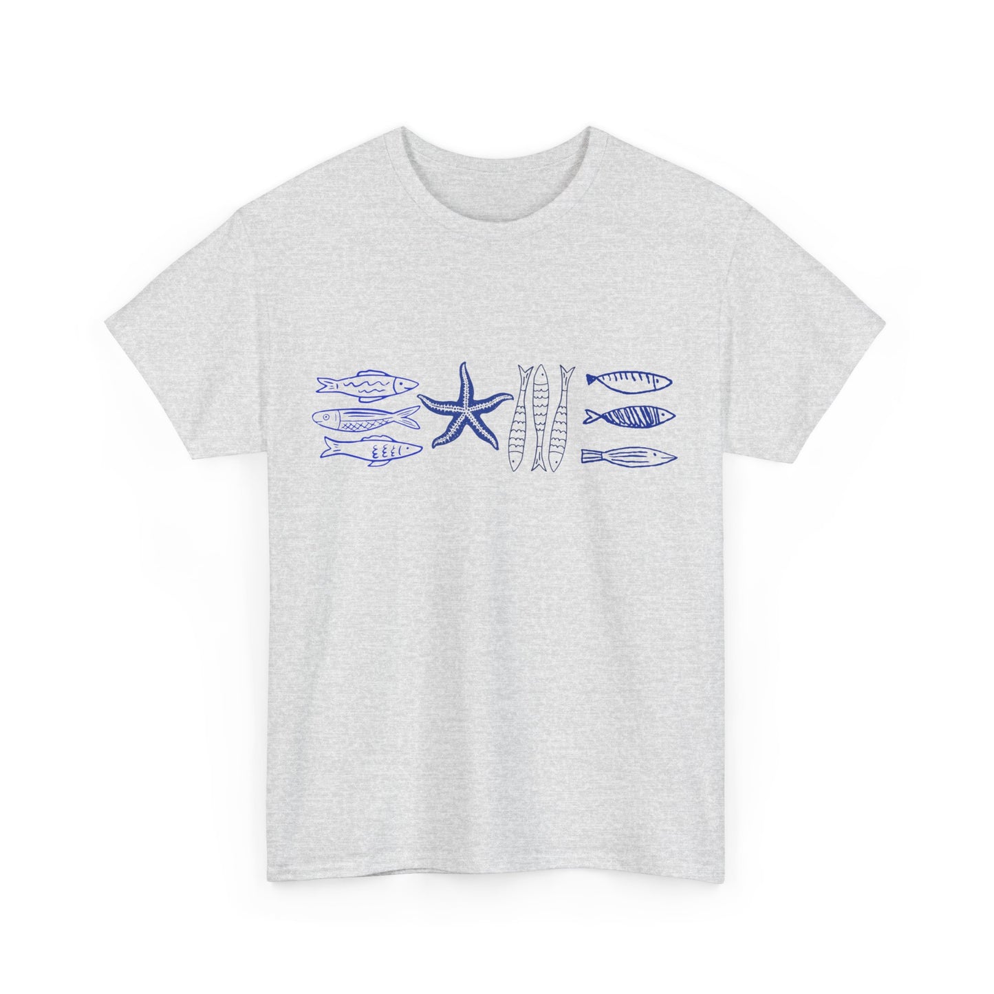 Coastal Sea Life Graphic T-Shirt, Blue Fish and Starfish Tee, Ocean Inspired Beach Shirt, Nautical Marine Life Tee, Coastal Summer Top