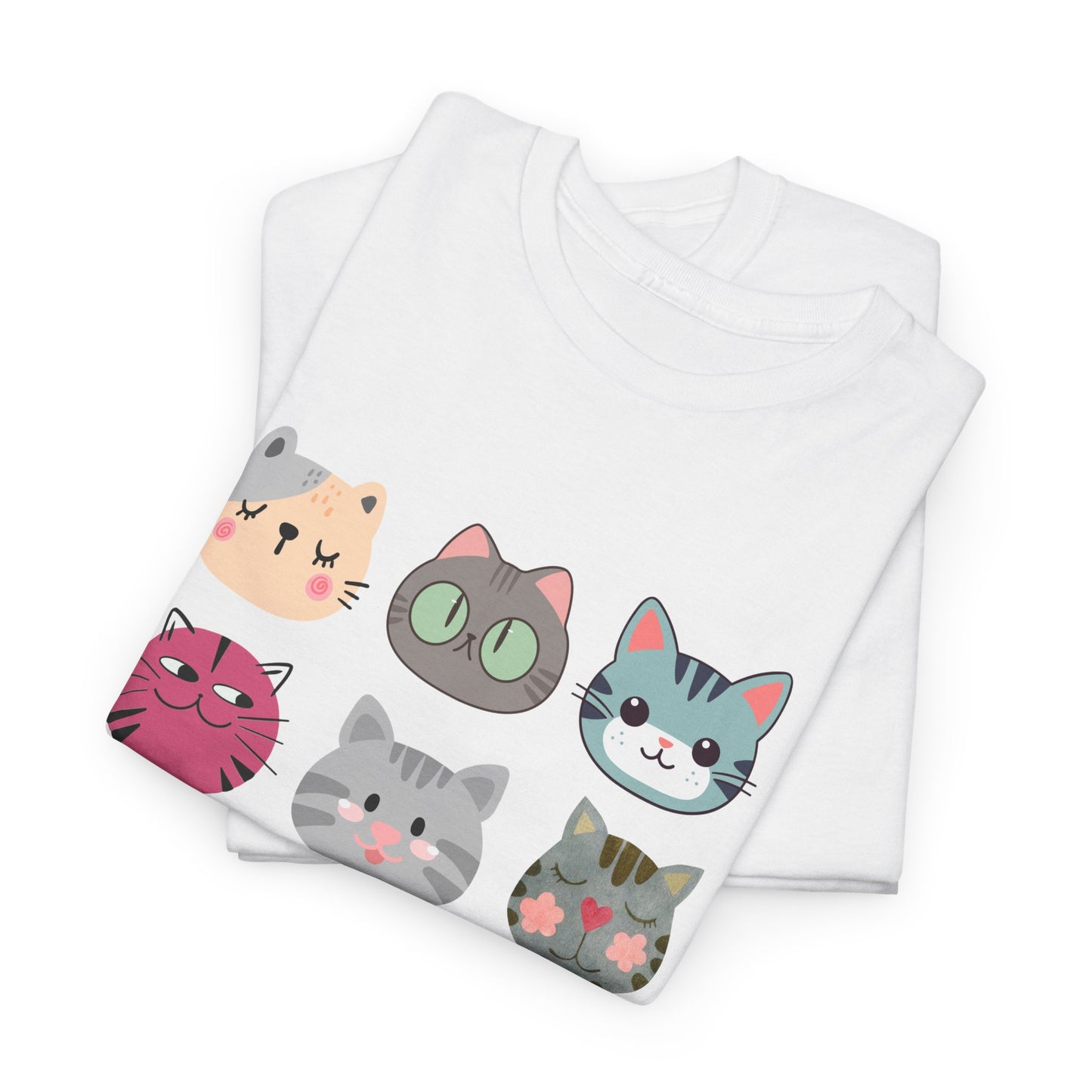 Cute Cat Faces T-Shirt, Cartoon Cat Lover Tee, Colorful Kitty Graphic Shirt, Funny Cat Mom Gift, Kawaii Cat Tee, Unisex Heavy Cotton Tee